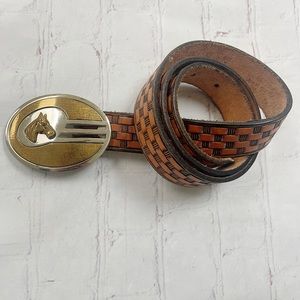 Brown basket weave leather belt with nickel silver horse oval buckle 38